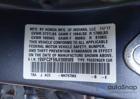 2018 Honda Civic Lx z USA, uszkodzony, nr VIN 19XFC2F59JE008509